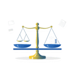 Balanță echilibrată, cu icoane juridice și financiare pe un fundal profesional, simbolizând procesul de luare a deciziilor privind alegerea formei ...