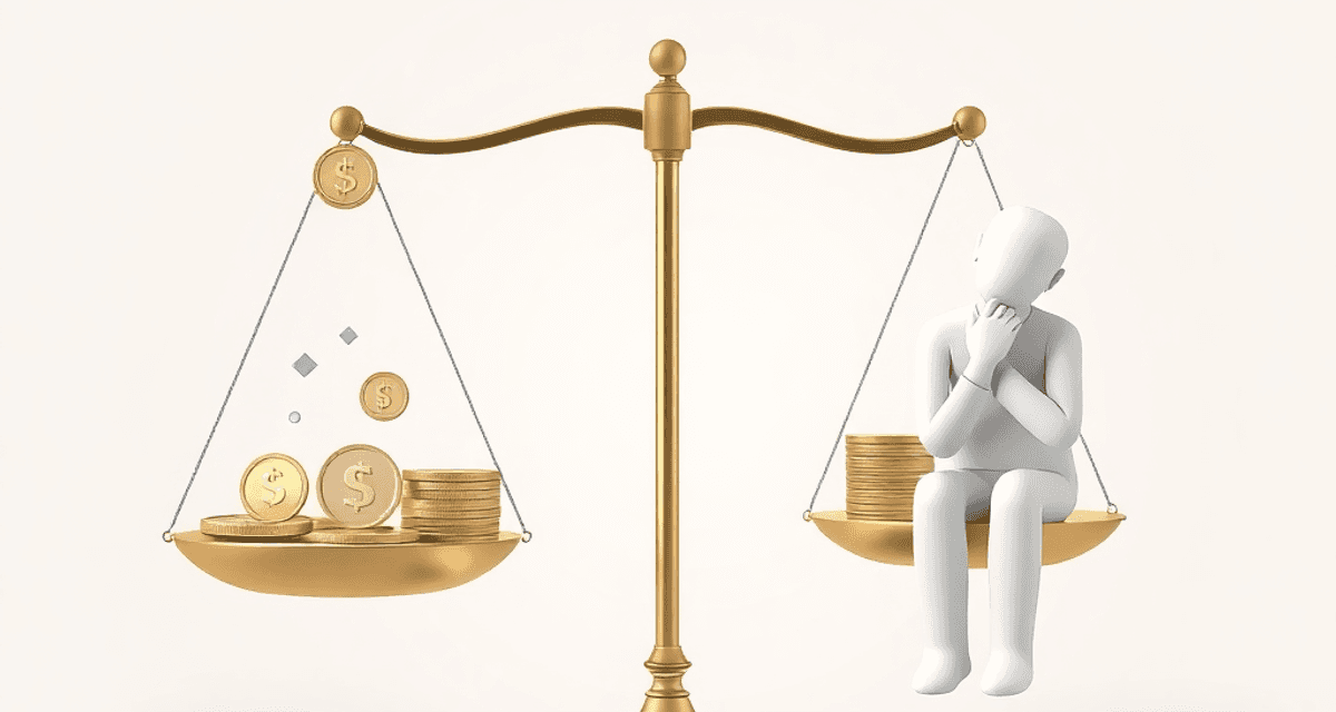 Balanță echilibrată cu monede și forme abstracte pe o parte, iar pe cealaltă un om calm care își gestionează finanțele, totul pe un fundal cu gradi...