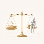 Balanță echilibrată cu monede și forme abstracte pe o parte, iar pe cealaltă un om calm care își gestionează finanțele, totul pe un fundal cu gradi...