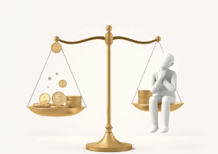 Balanță echilibrată cu monede și forme abstracte pe o parte, iar pe cealaltă un om calm care își gestionează finanțele, totul pe un fundal cu gradi...