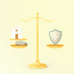 Balanță echilibrată cu simboluri de casă, mașină și sănătate pe o parte, iar pe cealaltă parte un scut de protecție, totul pe un fundal cu forme ab...