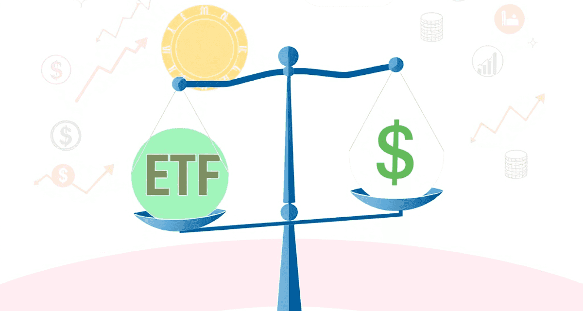 Balanță echilibrată cu simboluri pentru ETF și fonduri mutuale, înconjurată de icoane care reprezintă creșterea, diversificarea și investiția, pe u...