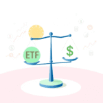 Balanță echilibrată cu simboluri pentru ETF și fonduri mutuale, înconjurată de icoane care reprezintă creșterea, diversificarea și investiția, pe u...