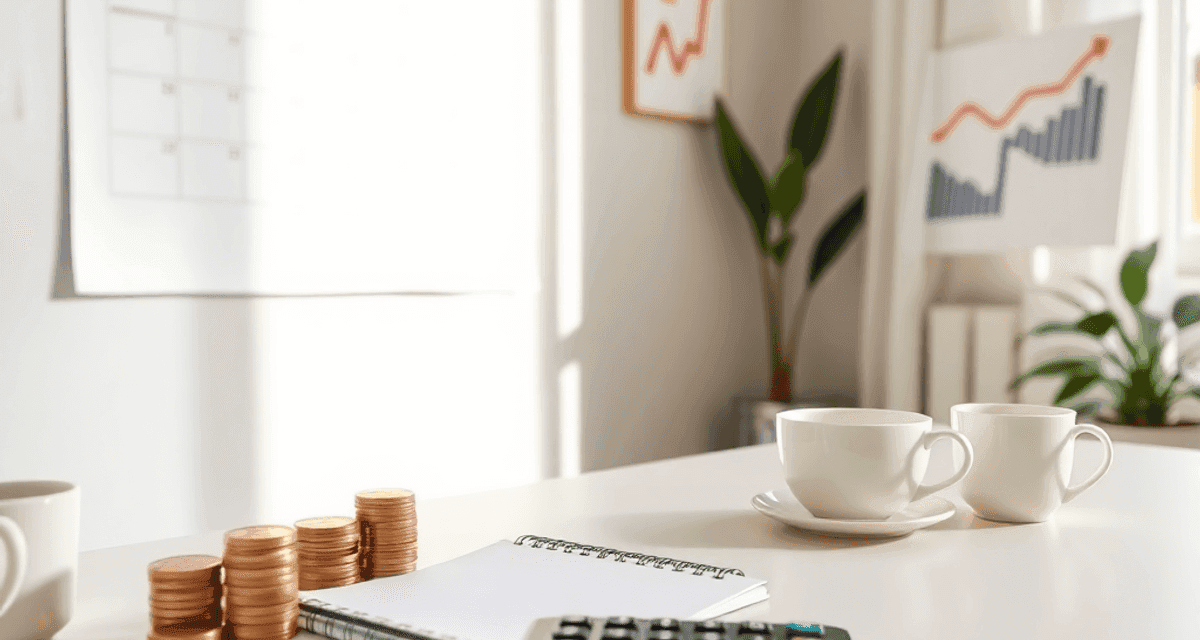 Birou de acasă cu calculator, carnețel, monede suprapuse, cană de cafea, plantă și grafice financiare abstracte pe un perete luminos, simbolizând b...