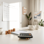 Birou de acasă cu calculator, carnețel, monede suprapuse, cană de cafea, plantă și grafice financiare abstracte pe un perete luminos, simbolizând b...