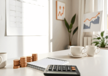 Birou de acasă cu calculator, carnețel, monede suprapuse, cană de cafea, plantă și grafice financiare abstracte pe un perete luminos, simbolizând b...