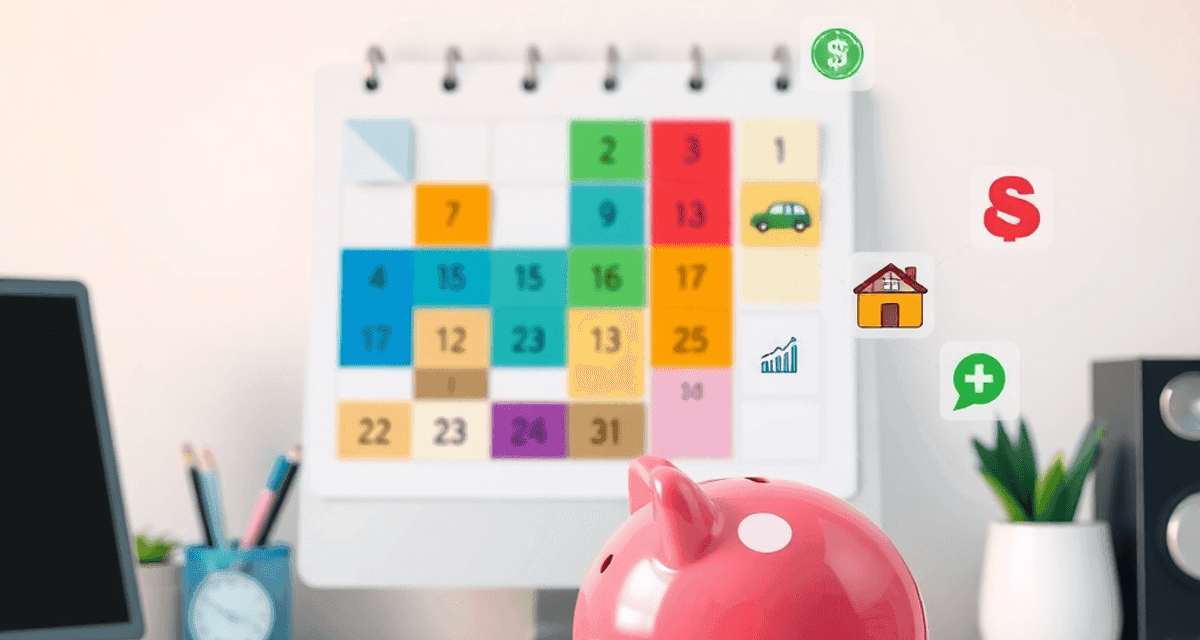 Ce sunt cheltuielile ocazionale și cum se bugetează Birou de acasă cu calendar colorat din cuburi, pușculiță și pictograme cu mașină, casă, cadou și cruce medicală, simbolizând bugetarea și economisi...