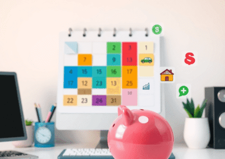 Birou de acasă cu calendar colorat din cuburi, pușculiță și pictograme cu mașină, casă, cadou și cruce medicală, simbolizând bugetarea și economisi...