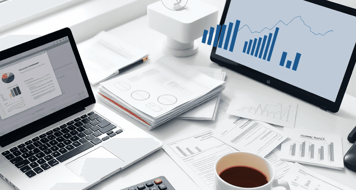 Birou luminos cu laptop, calculator, documente financiare, o ceașcă de cafea și simboluri abstracte ce reprezintă fluxul banilor, ilustrând gestion...