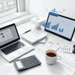 Birou luminos cu laptop, calculator, documente financiare, o ceașcă de cafea și simboluri abstracte ce reprezintă fluxul banilor, ilustrând gestion...