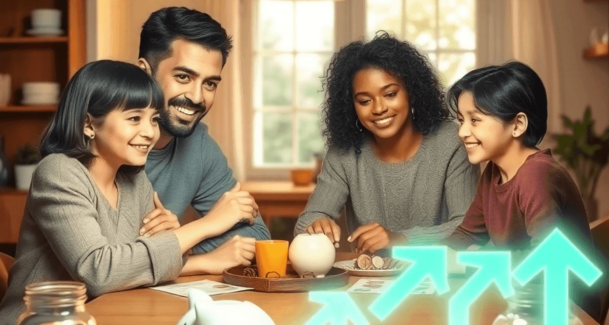 Bugetarea familiei la masa din bucătărie, cu monede, pușculițe și săgeți luminoase care simbolizează creșterea financiară, într-un cămin cald și pr...