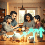 Bugetarea familiei la masa din bucătărie, cu monede, pușculițe și săgeți luminoase care simbolizează creșterea financiară, într-un cămin cald și pr...