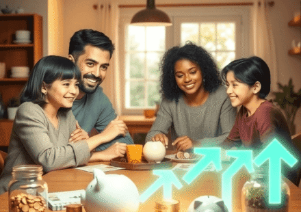 Bugetarea familiei la masa din bucătărie, cu monede, pușculițe și săgeți luminoase care simbolizează creșterea financiară, într-un cămin cald și pr...