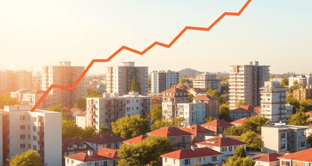 Cartier urban modern scăldat în soare, cu clădiri diverse și săgeți discrete orientate în sus pe cer, simbolizând creșterea și investiția, transmiț...