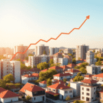 Cartier urban modern scăldat în soare, cu clădiri diverse și săgeți discrete orientate în sus pe cer, simbolizând creșterea și investiția, transmiț...