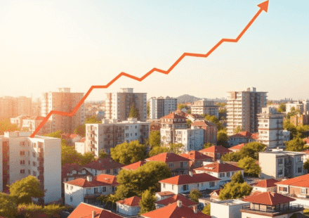 Cartier urban modern scăldat în soare, cu clădiri diverse și săgeți discrete orientate în sus pe cer, simbolizând creșterea și investiția, transmiț...