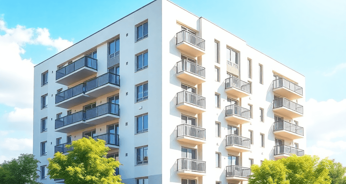 Clădire modernă de apartamente cu balcoane, înconjurată de verdeață sub un cer senin, având inserate subtil săgeți abstracte și plante ce simbolize...