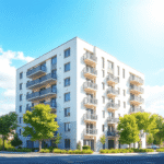 Clădire modernă de apartamente cu balcoane, înconjurată de verdeață sub un cer senin, având inserate subtil săgeți abstracte și plante ce simbolize...