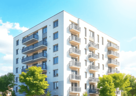 Clădire modernă de apartamente cu balcoane, înconjurată de verdeață sub un cer senin, având inserate subtil săgeți abstracte și plante ce simbolize...