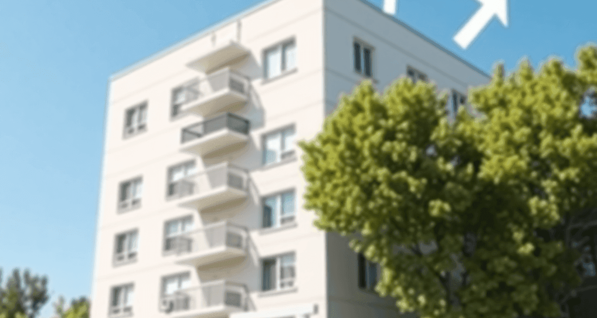Clădire modernă de apartamente cu un semn „De închiriat”, înconjurată de copaci și cer albastru, având deasupra pictograme abstracte plutitoare car...