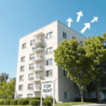 Clădire modernă de apartamente cu un semn „De închiriat”, înconjurată de copaci și cer albastru, având deasupra pictograme abstracte plutitoare car...