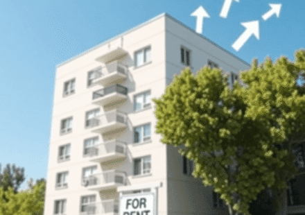Clădire modernă de apartamente cu un semn „De închiriat”, înconjurată de copaci și cer albastru, având deasupra pictograme abstracte plutitoare car...