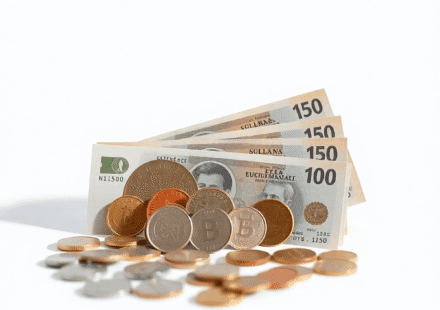 Diverse monede și bancnote internaționale aranjate artistic pe o suprafață netedă, având în fundal simboluri abstracte legate de finanțe.