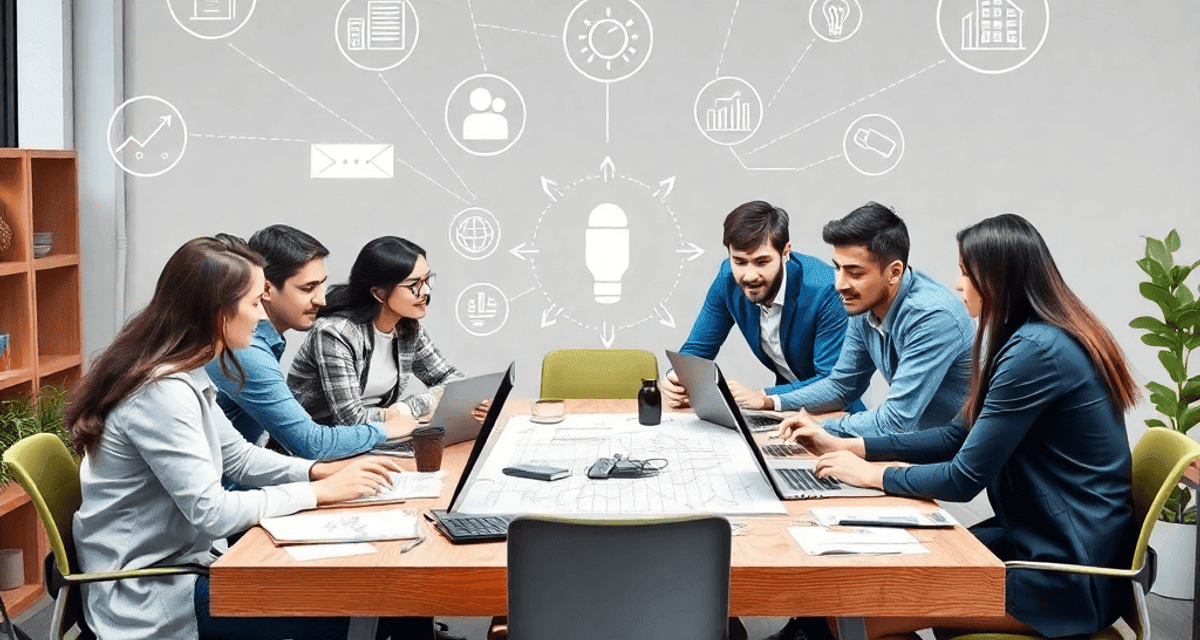 Cum funcționează un startup de la idee la lansare Echipă de tineri antreprenori care fac brainstorming în jurul unei mese, având laptopuri, schițe, cafea și pictograme abstracte ce simbolizează cre...