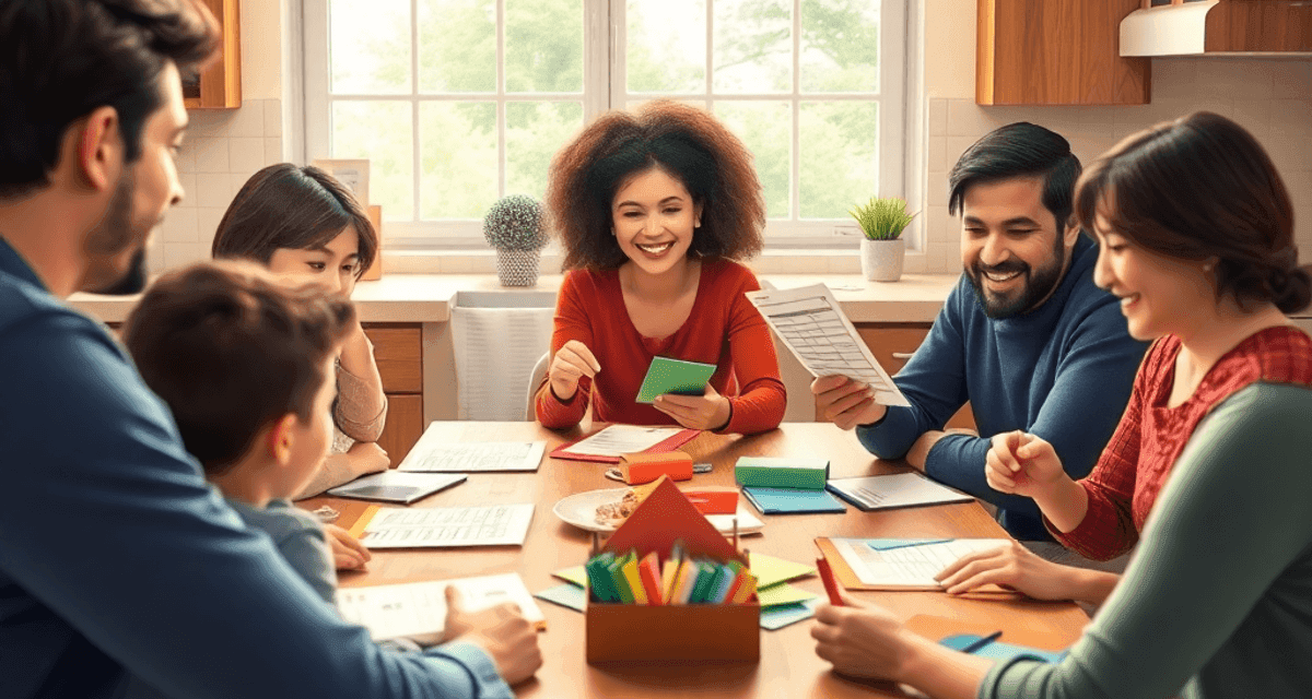 Familia este adunată în jurul mesei din bucătărie, cu grafice și plicuri colorate, lucrând împreună la buget și planificare financiară într-o atmos...