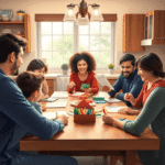 Familia este adunată în jurul mesei din bucătărie, cu grafice și plicuri colorate, lucrând împreună la buget și planificare financiară într-o atmos...