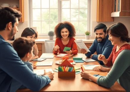 Familia este adunată în jurul mesei din bucătărie, cu grafice și plicuri colorate, lucrând împreună la buget și planificare financiară într-o atmos...