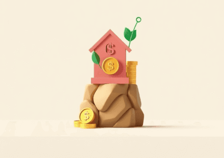 Forme abstracte de bani și active care creează o bază solidă, cu icoane de monede și roți dințate, simbolizând creșterea unei startup pe un fundal ...
