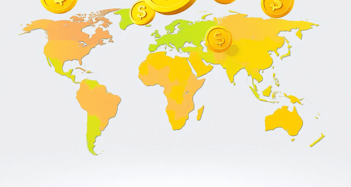 Hartă mondială realistă cu monede de aur și icoane de monedă digitală plutind deasupra continentelor, simbolizând finanțele globale și schimbul val...