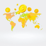Hartă mondială realistă cu monede de aur și icoane de monedă digitală plutind deasupra continentelor, simbolizând finanțele globale și schimbul val...