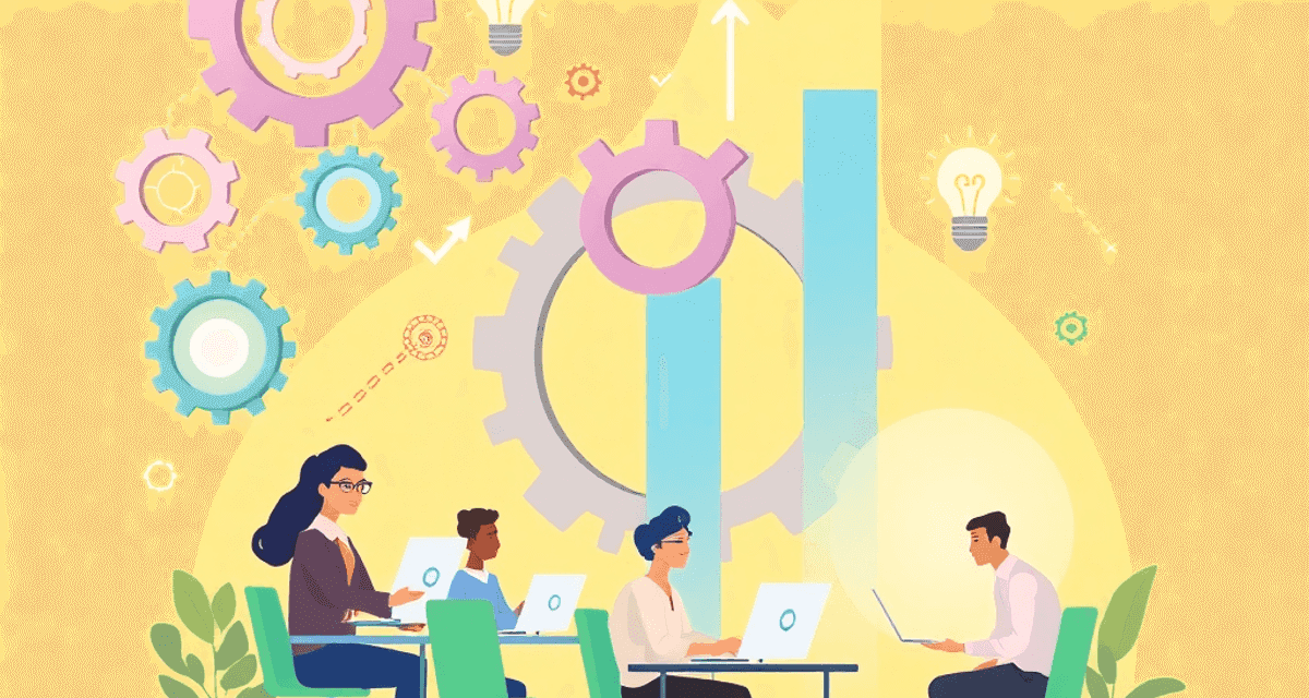 Ilustrație abstractă a unei startup-uri în creștere, cu roți dințate interconectate, săgeți orientate în sus, becuri și antreprenori care colaborea...