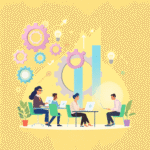 Ilustrație abstractă a unei startup-uri în creștere, cu roți dințate interconectate, săgeți orientate în sus, becuri și antreprenori care colaborea...