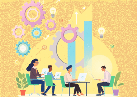 Ilustrație abstractă a unei startup-uri în creștere, cu roți dințate interconectate, săgeți orientate în sus, becuri și antreprenori care colaborea...