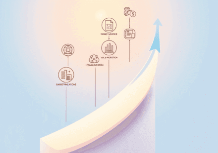 Ilustrație abstractă a unei traiectorii ascendente de creștere, cu icoane interconectate de marketing și forme geometrice pe un fundal luminos, sim...