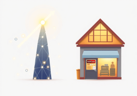 Ilustrație abstractă ce contrastează un startup digital strălucitor, evidențiat prin săgeți ascendente, cu un magazin tradițional primitor, sublini...