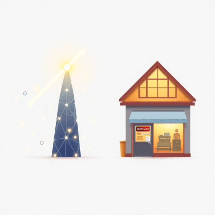 Ilustrație abstractă ce contrastează un startup digital strălucitor, evidențiat prin săgeți ascendente, cu un magazin tradițional primitor, sublini...