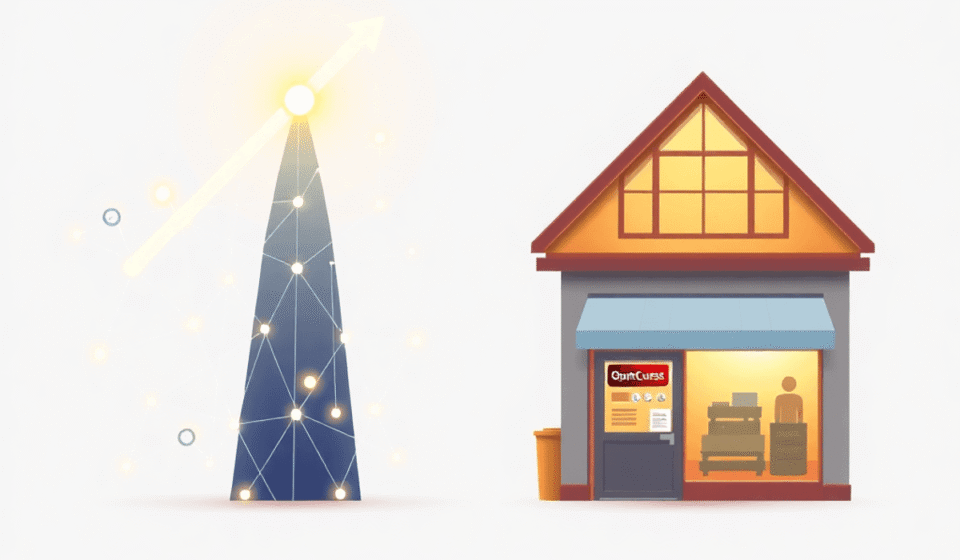 Ilustrație abstractă ce contrastează un startup digital strălucitor, evidențiat prin săgeți ascendente, cu un magazin tradițional primitor, sublini...