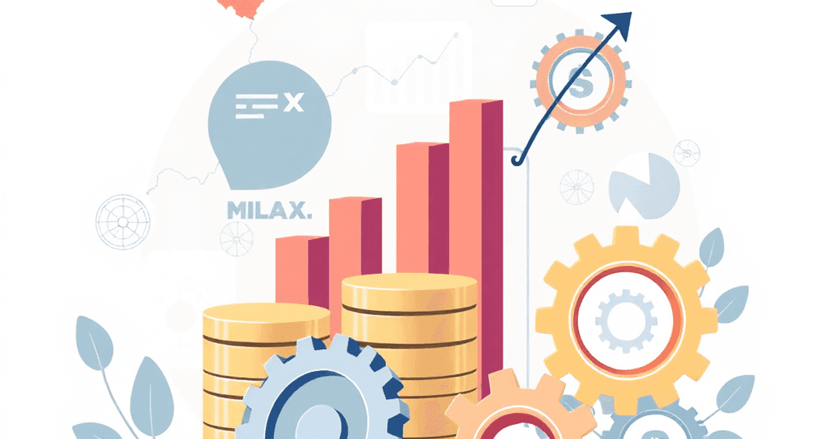 Principalele taxe și impozite plătite de companii Ilustrație abstractă despre finanțe în afaceri, cu monede, grafice de tip bară și roți dințate, pe un fundal curat decorat subtil cu motive cultura...
