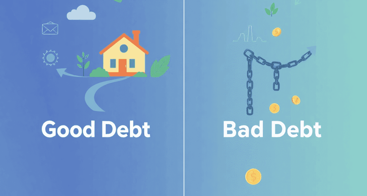 Ilustrație care prezintă două căi: „Datorie bună” cu o casă, icoane pentru educație și plante care cresc; „Datorie rea” cu lanțuri rupte, carduri d...