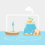 Ilustrație cu apă curgătoare simbolizând veniturile care alimentează un rezervor mare reprezentând bogăția, cu forme abstracte ce indică creșterea ...