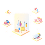 Ilustrație cu diverse produse pe platforme digitale conectate prin săgeți, având pictograme cu cutii de livrare și camioane, simbolizând modelele d...