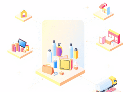 Ilustrație cu diverse produse pe platforme digitale conectate prin săgeți, având pictograme cu cutii de livrare și camioane, simbolizând modelele d...
