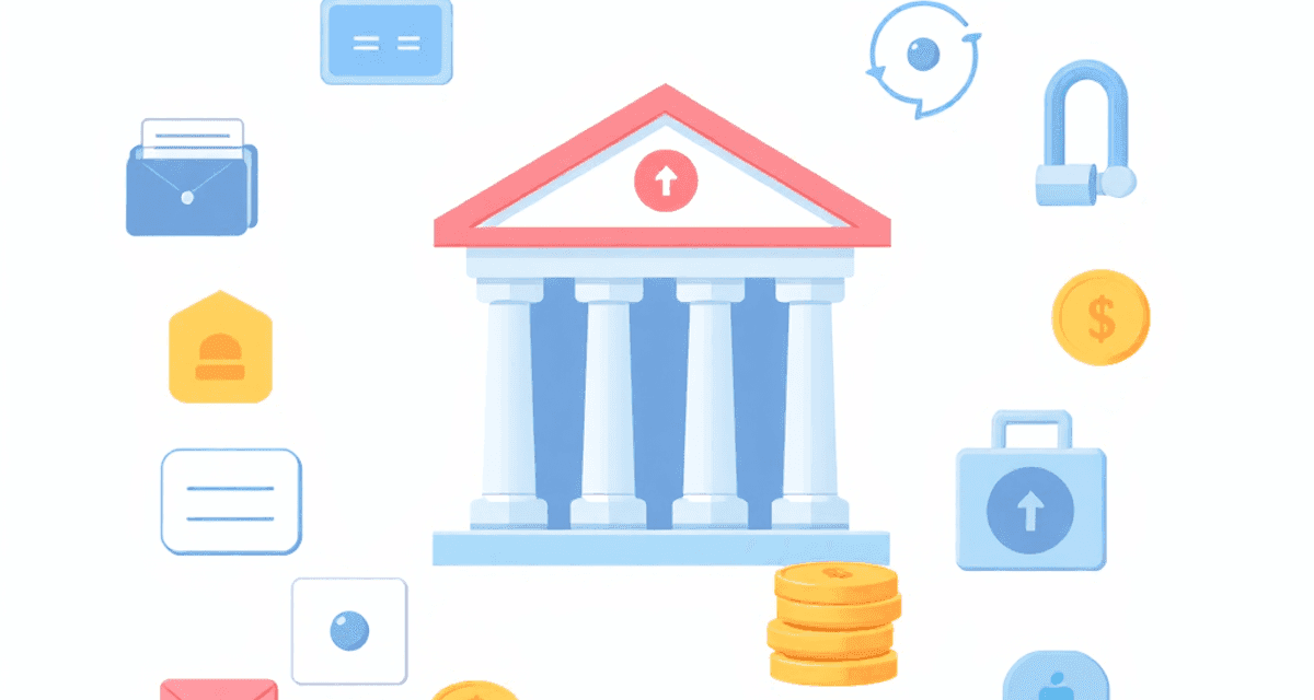 Ilustrație cu icoane abstracte bancare, inclusiv portofele, monede și seifuri, dispuse în jurul unui simbol central de bancă, cu săgeți și semne va...