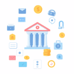 Ilustrație cu icoane abstracte bancare, inclusiv portofele, monede și seifuri, dispuse în jurul unui simbol central de bancă, cu săgeți și semne va...