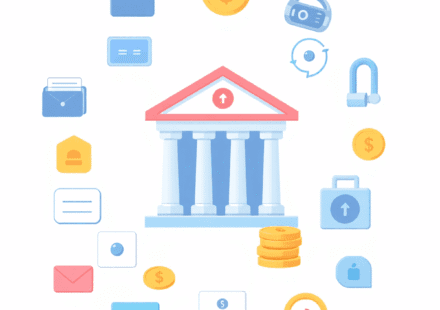 Ilustrație cu icoane abstracte bancare, inclusiv portofele, monede și seifuri, dispuse în jurul unui simbol central de bancă, cu săgeți și semne va...