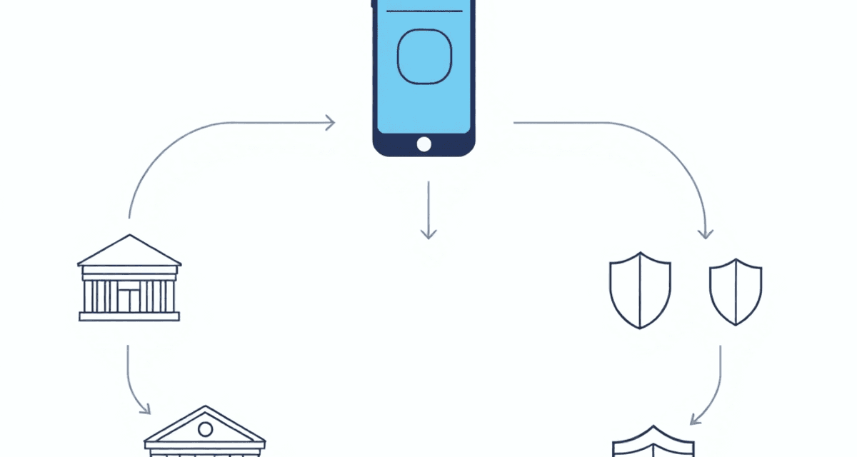 Cum funcționează procesul unei plăți Ilustrație digitală a unui proces de plată, cu icoane reprezentând un card de credit, un smartphone, bănci, scuturi și săgeți care conectează plăti...
